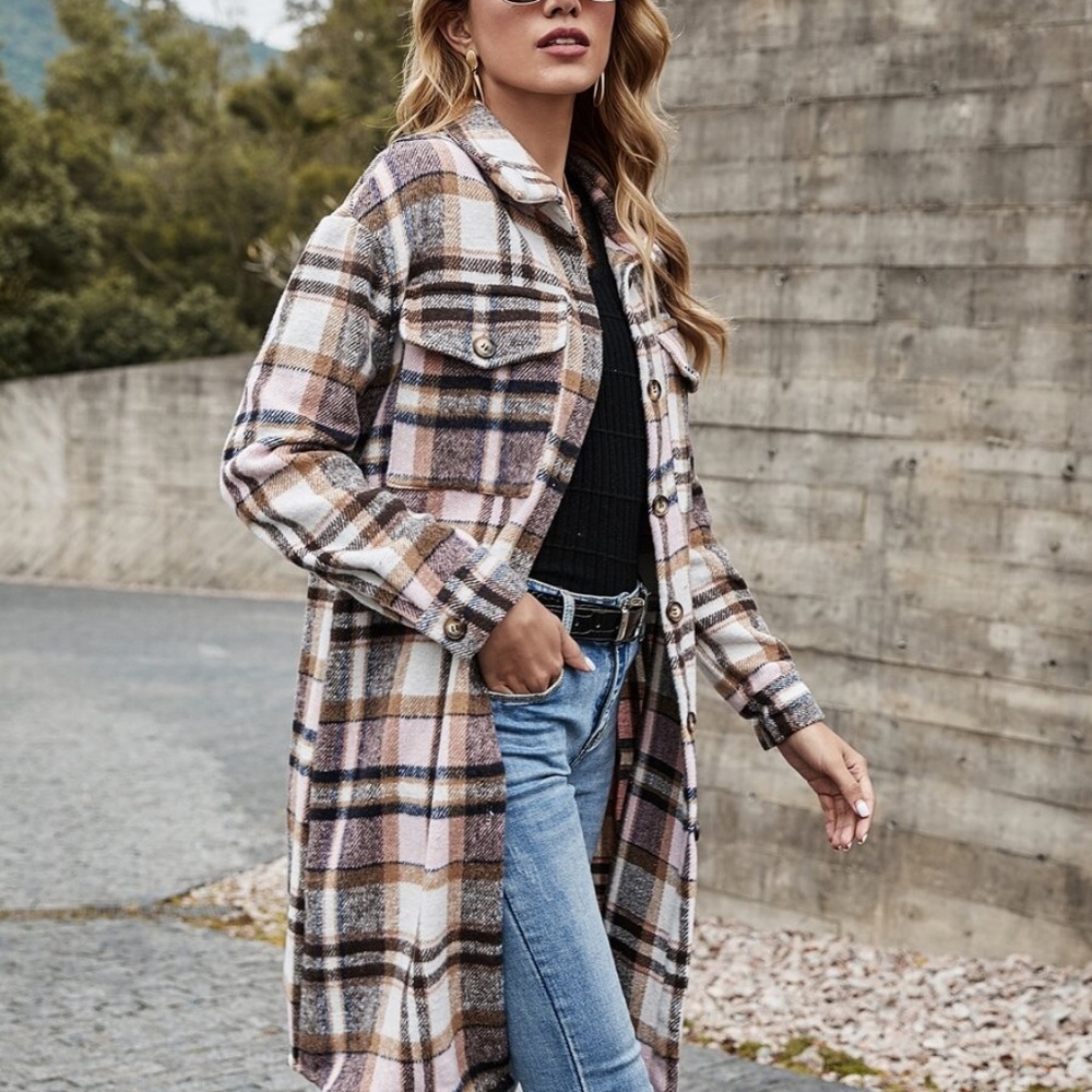 Comfy pink Plaid Button up Oversized Jacket Shacket - Picture 7 of 13